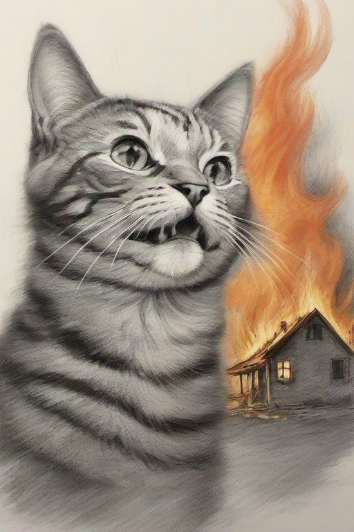 09281-2032200648-_lora_PE_PencilDrawing_0.8_ PEPencilDrawing,_cat smiling,burning destroyed house in the background,flame fire explosion,.png